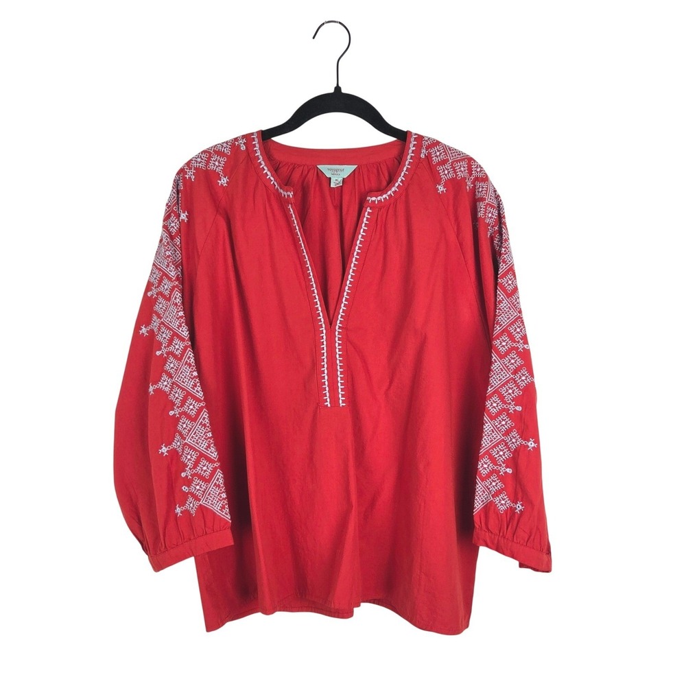 Voyageur by Mersea Red Pego Embroidered Top Size XL Peasant Boho Festival Euro